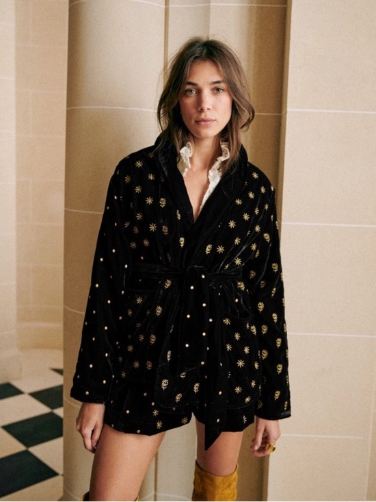 Sezane Jackets & Blazers - Sezane Odessa Women's Black Velvet Patch Blazer with Gold Star Embroidery